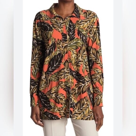 Norma Kamali Vibrant Tropical Leaf Print Tunic Blouse Women's Large 40 - Picture 3 of 13